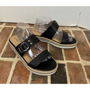 Hush Puppies Black Leather Sandals Slip On Platform Straps Open Toe Women's 10